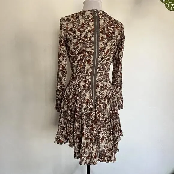 H&M Size 2 Floral Long Sleeve Fit & Flare Mini Dress Brown Orange Fall Summer - Picture 2 of 6